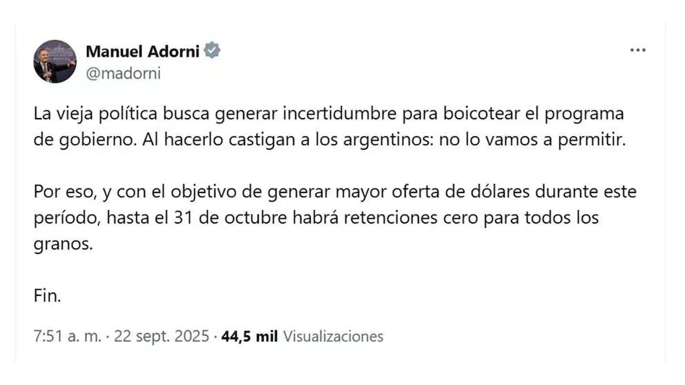 El Gobierno elimina retenciones a granos para impulsar la liquidación de divisas