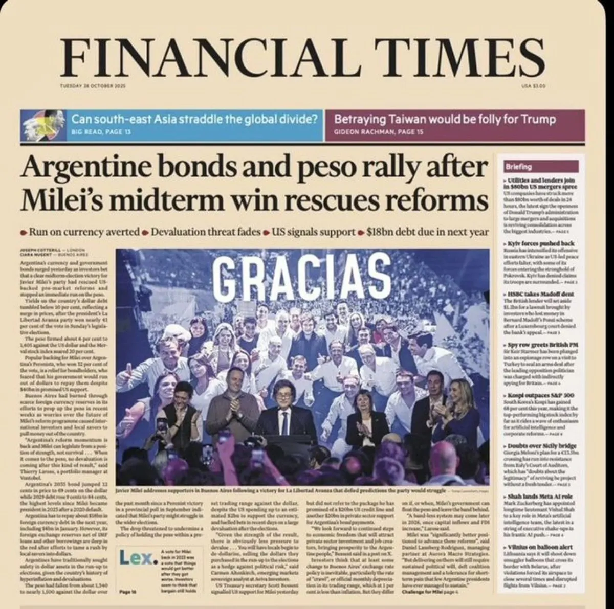 Triunfo de Milei: el Financial Times destaca la euforia en bonos y peso argentino