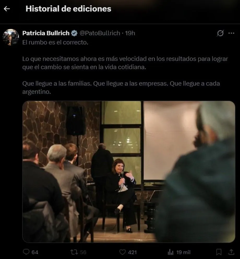 Bullrich cuestionó el impacto del programa económico libertario, pero luego editó el mensaje